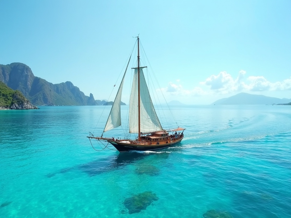 A wooden charter boat sailing the turquoise channel between Nusa Lembongan and Nusa Penida