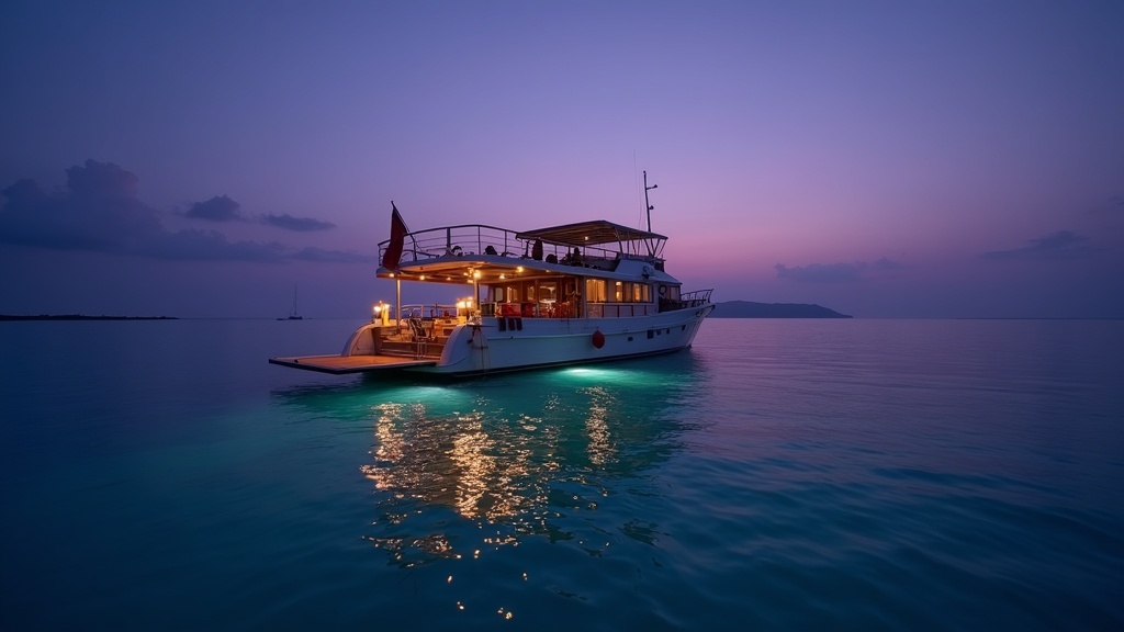 A private buyout boat lying at anchor at dusk off the Nusa Dua coast, deck lit for an intimate celebration